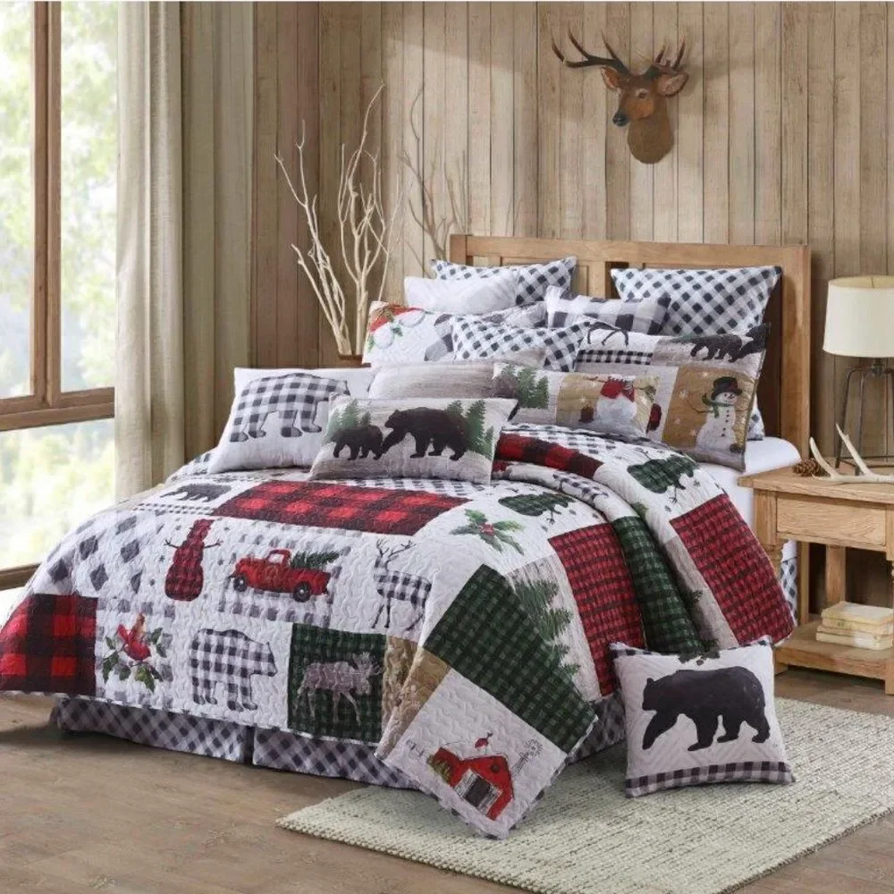 Merry Christmas Winter Lodge Printed QUEEN Quilt Set Holidays Red Truck